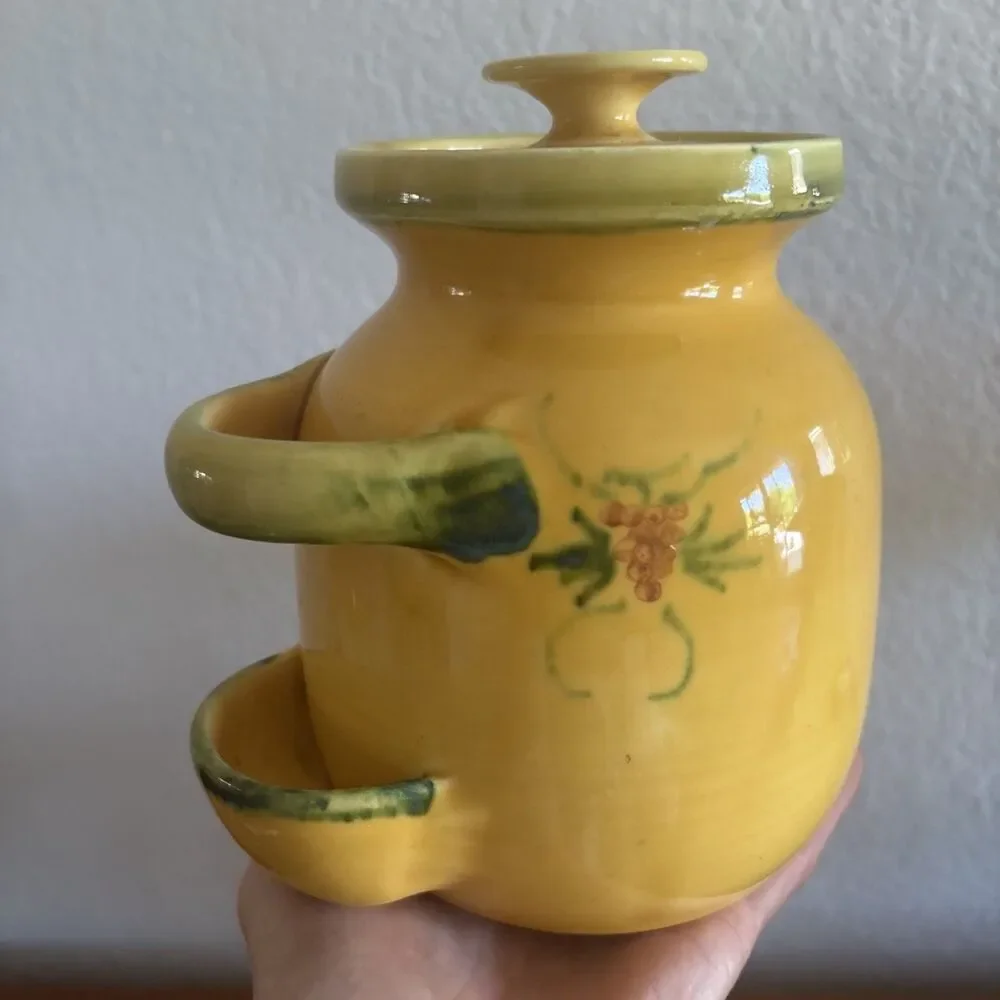 Olive Jar Pot with Wood Tongs LOU PIGNATIER Made In France Ceramic Pottery Rare